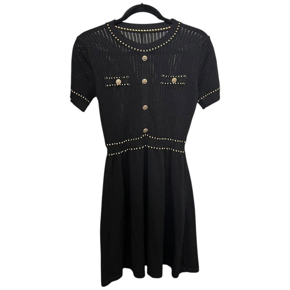 Black Gold Button Knit Fit and Flare Dress - XS